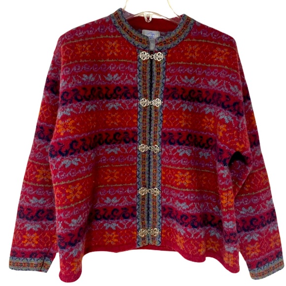 Vintage Sweaters - Vintage Carroll Reed Red Blue Nordic 100% Wool Cardigan Sweater Sz L